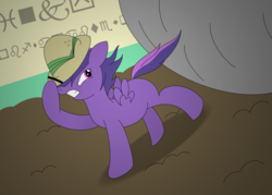 Size: 2000x1429 | Tagged: safe, artist:dinkyuniverse, violet spark, pegasus, pony, g4, adventure, atg 2018, boulder, danger, dungeon, female, filly, foal, gritted teeth, hat, newbie artist training grounds, raised hoof, running, solo, trap (device), wingdings