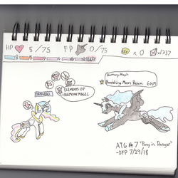 Size: 2000x2000 | Tagged: safe, artist:deluxeflame, nightmare moon, princess celestia, g4, atg 2018, banished to the moon, colored pencil drawing, danger, elements of harmony, high res, newbie artist training grounds, paper mario, traditional art