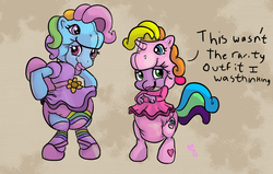 Size: 1133x720 | Tagged: safe, artist:softballoonpony, rainbow dash, rainbow dash (g3), rarity (g3), spike, dragon, earth pony, pegasus, pony, unicorn, g3, g4, bipedal, clothes, costume, crossdressing, cute, dialogue, diaper, diaper fetish, dress, duo, female, fetish, generational ponidox, heart eyes, humiliation, jewelry, kigurumi, lipstick, male, non-baby in diaper, poofy diaper, rainbow dash always dresses in style, shoes, simple background, sissy, smiling, socks, tiara, voice actor joke, wingding eyes