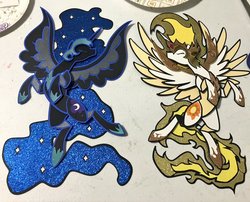 Size: 1199x971 | Tagged: safe, artist:the-paper-pony, daybreaker, nightmare moon, alicorn, pony, g4, beautiful, eyes closed, female, irl, majestic, mare, meta, photo, spread wings, wings