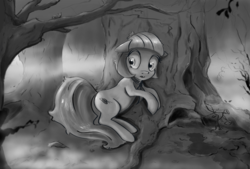 Size: 4633x3133 | Tagged: safe, artist:cookiedesu, coco pommel, earth pony, pony, snail, g4, everfree forest, female, floppy ears, fog, forest, grayscale, mare, monochrome, scared, solo, tree