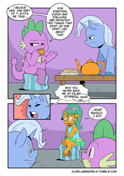 Size: 2893x4092 | Tagged: safe, artist:raph13th, snails, spike, trixie, dragon, pony, unicorn, ask glitter shell, comic:glim glam and pals, g4, comic, cookie, cup, female, food, glitter shell, male, mare, tea, teacup, teapot, trio