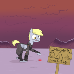 Size: 3000x3000 | Tagged: safe, artist:moonatik, derpy hooves, pegasus, pony, g4, alternate timeline, armor, atg 2018, clothes, crystal war timeline, female, high res, imminent death, landmine, mine, minefield, newbie artist training grounds, soldier, solo, this will end in death, this will end in tears and/or death, tongue out, uniform
