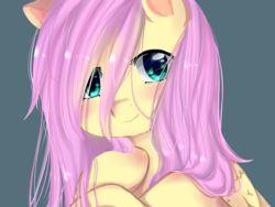 Size: 1600x1200 | Tagged: safe, artist:angelapie, fluttershy, pegasus, pony, g4, bust, cute, female, hooves to the chest, looking at you, mare, messy mane, portrait, shyabetes, simple background, smiling, solo, stray strand, wings