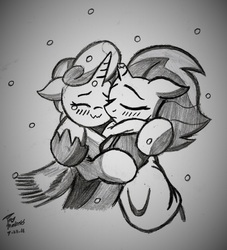 Size: 1669x1841 | Tagged: safe, artist:radiancebreaker, idw, fizzlepop berrytwist, glitter drops, tempest shadow, pony, g4, blushing, broken horn, clothes, crying, eyes closed, female, horn, hug, lesbian, monochrome, scarf, ship:glittershadow, shipping, tears of joy, traditional art