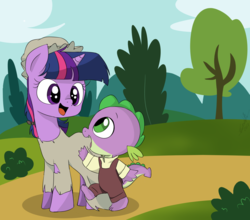 Size: 1380x1214 | Tagged: safe, artist:emositecc, spike, twilight sparkle, dragon, pony, unicorn, g4, clothes, crossover, female, filly, filly twilight sparkle, hat, les miserables, smiling, unicorn twilight, younger