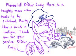 Size: 1280x944 | Tagged: safe, artist:adorkabletwilightandfriends, rarity, pony, unicorn, ask adorkable twilight, ask adorkable twilight and friends, g4, baltimare, car, city, cityscape, dodge (car), dodge diplomat, female, hat, mare, police, police car, police hat, skyline