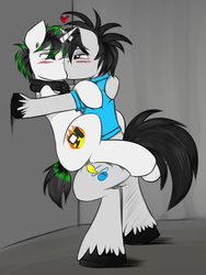 Size: 1200x1600 | Tagged: safe, artist:jcosneverexisted, oc, oc only, oc:creative flair, oc:kernel crash, pony, unicorn, against wall, blushing, duo, gay, kabedon, kiss on the lips, kissing, male
