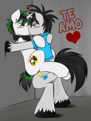 Size: 1200x1600 | Tagged: safe, alternate version, artist:jcosneverexisted, oc, oc only, oc:creative flair, oc:kernel crash, pony, unicorn, against wall, blushing, duo, gay, kabedon, kiss on the lips, kissing, male, spanish