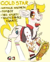 Size: 1236x1522 | Tagged: safe, artist:spoopygander, oc, oc only, oc:gold star, pony, unicorn, blushing, clothes, cute, cutie mark, female, jacket, looking at you, looking back, magic, mare, simple background, skateboard, smiling, socks, solo, standing, stars, text, varsity jacket, walking, yellow background