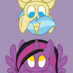 Size: 1080x1080 | Tagged: safe, artist:showtimeandcoal, oc, oc only, oc:blank slate, oc:showtime, alicorn, pony, unicorn, chibi, colt, couple, cute, duo, female, filly, icon, love, male, mare, present, purple background, simple background, stallion