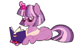 Size: 1024x657 | Tagged: safe, artist:azure-art-wave, oc, oc only, oc:lilac radiance, pony, unicorn, book, female, magic, magical lesbian spawn, mare, offspring, parent:cheerilee, parent:twilight sparkle, parents:cheerilight, prone, simple background, solo, transparent background