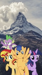 Size: 858x1536 | Tagged: safe, artist:php77, editor:php77, flash sentry, spike, sunset shimmer, twilight sparkle, alicorn, dragon, pony, g4, irl, mountain, phone wallpaper, photo, ponies in real life, twilight sparkle (alicorn), wallpaper, winged spike, wings