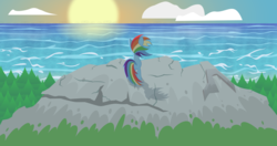 Size: 8192x4320 | Tagged: safe, artist:artekko, rainbow dash, pony, g4, absurd resolution, cliff, female, ocean, solo, wip