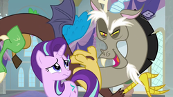 Size: 1024x576 | Tagged: safe, screencap, discord, starlight glimmer, draconequus, a matter of principals, g4, boomerang (tv channel), sad, smiling, trolling