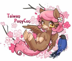 Size: 656x562 | Tagged: artist needed, safe, oc, oc:xiao mei, bird, magpie, pegasus, pony, blushing, coat markings, flower, flower in hair, nation ponies, ponified, socks (coat markings), taiwan blue magpie, taiwan ponycon
