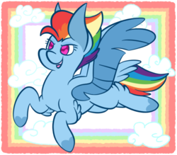 Size: 628x550 | Tagged: safe, artist:jroxs12pone, rainbow dash, pegasus, pony, g4, cloud, female, flying, g5 concept leak style, g5 concept leaks, rainbow dash (g5 concept leak), solo, tail feathers