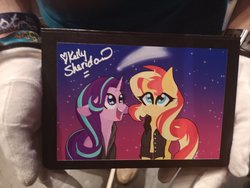 Size: 2048x1536 | Tagged: artist needed, safe, starlight glimmer, sunset shimmer, pony, unicorn, galacon, equestria girls, g4, clothes, irl, kelly sheridan, photo