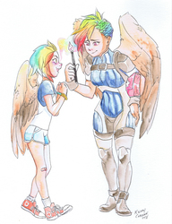 Size: 5066x6581 | Tagged: safe, artist:kenzicorinne, oc, oc:rainbow feather, human, absurd resolution, converse, glowing, healing, humanized, humanized oc, interspecies offspring, magic, magical lesbian spawn, medic, meeting yourself, offspring, parent:gilda, parent:rainbow dash, parents:gildash, shoes, time paradox, wand, winged humanization, wings