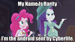 Size: 960x540 | Tagged: safe, edit, edited screencap, screencap, pinkie pie, rarity, equestria girls, g4, my little pony equestria girls: better together, rarity investigates, rarity investigates: the case of the bedazzled boot, cyberlife, detroit: become human, geode of sugar bombs, image macro, magical geodes, meme