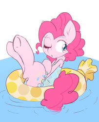 Size: 1266x1561 | Tagged: safe, artist:akainu_pony, pinkie pie, earth pony, pony, g4, clothes, female, inflatable, inflatable toy, inner tube, one eye closed, pool toy, solo, swimming pool, swimsuit, underhoof, water