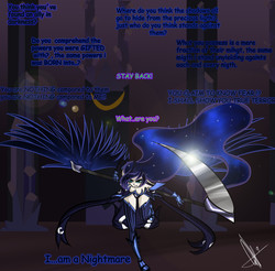 Size: 1344x1324 | Tagged: safe, artist:neferity, princess luna, alicorn, human, fall of the crystal empire, g4, dialogue, female, horn, horned humanization, humanized, implied king sombra, nightmare luna, offscreen character, scythe, solo, winged humanization, wings