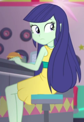 Size: 425x621 | Tagged: safe, screencap, blueberry cake, equestria girls, equestria girls series, g4, pinkie pie: snack psychic, :|, burger, clothes, cropped, dress, food, huh, long hair, looking back, sitting, sleeveless, solo, yellow dress