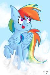 Size: 642x956 | Tagged: safe, artist:sixes&sevens, derpibooru exclusive, rainbow dash, pegasus, pony, g4, chest fluff, cloud, female, hooves, mare, on a cloud, open mouth, raised hoof, solo, standing on a cloud, wings