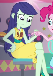 Size: 434x612 | Tagged: safe, screencap, blueberry cake, pinkie pie, equestria girls, g4, my little pony equestria girls: better together, pinkie pie: snack psychic, :|, armpits, clothes, cropped, cupcake necklace, dress, eyebrows, jewelry, long hair, looking down, necklace, offscreen character, offscreen human, pointing, raised eyebrow, sleeveless, stain, yellow dress