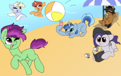 Size: 1960x1230 | Tagged: safe, artist:nootaz, oc, oc only, oc:game guard, oc:nootaz, beach, beach ball, beach umbrella, book, happy, hhh, ocean, reading, swimming