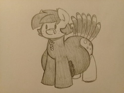 Size: 3264x2448 | Tagged: safe, artist:chromchill12, oc, oc only, oc:huckleberry bleu, pony, belly, big belly, fat, high res, male, monochrome, pencil drawing, simple background, solo, traditional art, turkey costume