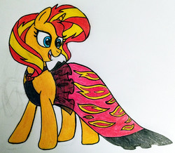 Size: 3750x3270 | Tagged: safe, artist:sugar-loop, sunset shimmer, pony, unicorn, g4, build-a-bear, clothes, dress, female, fiery shimmer, high res, mare, open mouth, plushie, simple background, solo, toy interpretation, traditional art, white background