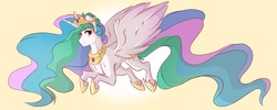 Size: 4000x1600 | Tagged: safe, artist:canisrettmajoris, princess celestia, alicorn, pony, g4, crown, female, flying, jewelry, looking at you, mare, necklace, regalia, simple background, smiling, solo, spread wings, sun, yellow background