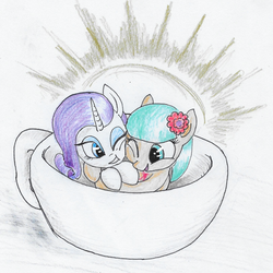 Size: 699x700 | Tagged: safe, artist:t72b, derpibooru exclusive, coco pommel, rarity, earth pony, pony, unicorn, g4, cup, cup of pony, female, flower, flower in hair, halo, happy, hug, mare, micro, pun, rarity is a marshmallow, squishy cheeks, teacup, traditional art, visual pun