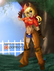 Size: 1299x1700 | Tagged: safe, artist:neferity, applejack, human, g4, applejack's hat, bandana, belly button, breasts, cleavage, clothes, cowboy hat, cowgirl, female, fence, fingerless gloves, front knot midriff, gloves, hat, humanized, midriff, smiling, socks, solo, thigh highs, tree