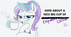 Size: 1199x627 | Tagged: safe, artist:t72b, derpibooru exclusive, starlight glimmer, pony, unicorn, g4, chocolate, cup, empathy cocoa, female, food, hot chocolate, levitation, limited palette, looking at you, magic, mug, shit eating grin, smiley face, smiling, smug, solo, steam, telekinesis, text, traditional art