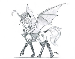 Size: 1400x1117 | Tagged: safe, artist:baron engel, oc, oc only, oc:neapolitan sherbet, bat pony, pony, bat pony oc, clothes, female, grayscale, looking at you, mare, monochrome, pencil drawing, simple background, sketch, solo