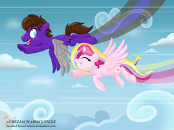 Size: 2748x2059 | Tagged: safe, artist:raspberrystudios, oc, oc only, oc:aurelia charm, oc:nightwind, alicorn, pegasus, pony, alicorn oc, cloud, commission, flight trail, flying, friendship, high res, mech wings, race, racing, sky