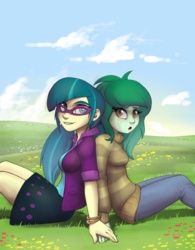 Size: 2851x3656 | Tagged: safe, artist:gabbslines, juniper montage, wallflower blush, equestria girls, equestria girls specials, g4, my little pony equestria girls: better together, my little pony equestria girls: forgotten friendship, my little pony equestria girls: movie magic, blushing, clothes, cloud, fanfic art, female, freckles, glasses, grass, high res, legs, lesbian, pigtails, ship:juniblush, shipping, sitting, skirt, sky, smiling