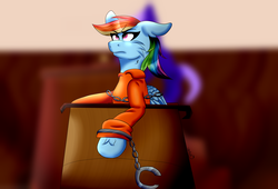 Size: 4529x3081 | Tagged: safe, artist:yathepon7, rainbow dash, pegasus, pony, g4, angry, bound wings, chains, clothes, commission, commissioner:rainbowdash69, courtroom, cuffs, female, frustrated, jumpsuit, never doubt rainbowdash69's involvement, prison outfit, prisoner, prisoner rd, shackles, solo