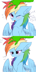 Size: 1500x3000 | Tagged: safe, artist:heddopen, rainbow dash, oc, oc:anon, human, pegasus, pony, g4, angry, blushing, chest fluff, cute, dashabetes, dialogue, ear fluff, hand, heart eyes, one eye closed, petting, tsunderainbow, tsundere, wingding eyes, wings