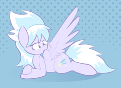 Size: 1376x994 | Tagged: safe, artist:typhwosion, cloudchaser, pegasus, pony, g4, abstract background, biting, crossed hooves, female, mare, preening, prone, solo, spread wings, wing bite, wings