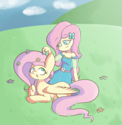 Size: 1912x1949 | Tagged: safe, artist:typhwosion, fluttershy, human, pegasus, pony, equestria girls, g4, my little pony equestria girls: better together, clothes, cloud, duo, female, flower, flower in hair, grass, human ponidox, mare, open mouth, outdoors, self ponidox, sky, smiling