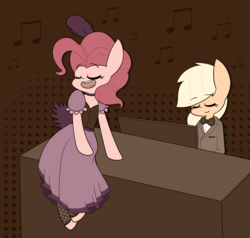 Size: 1071x1021 | Tagged: safe, artist:typhwosion, applejack, pinkie pie, earth pony, semi-anthro, g4, alternate hairstyle, clothes, dress, duo, musical instrument, piano, saloon dress, saloon pinkie