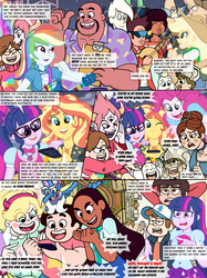 Size: 1550x2067 | Tagged: safe, artist:yogurthfrost, applejack, pinkie pie, rainbow dash, sci-twi, sunset shimmer, twilight sparkle, bird, bluebird, demon, gem (race), human, hybrid, triclops, equestria girls, equestria girls series, g4, buck dewey, connie maheswaran, crossover, diplight, dipper pines, female, gem, glossaryck, gravity falls, greg (over the garden wall), harold smiley, jenny pizza, lesbian, mabel pines, male, marco diaz, onion (steven universe), out of character, over the garden wall, ship:sci-twishimmer, ship:sunsetsparkle, shipping, soos, sour cream (steven universe), star butterfly, star vs the forces of evil, steven quartz universe, steven universe, the cool kids, three eyes, tom lucitor, wirt