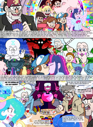 Size: 1550x2115 | Tagged: safe, artist:yogurthfrost, princess celestia, princess luna, twilight sparkle, big cat, gem (race), human, hybrid, lion, equestria girls, g4, age difference, boyfriend and girlfriend, connie maheswaran, crossover, crossover shipping, diplight, dipper pines, female, fusion, garnet (steven universe), gem, gem fusion, glowing, glowing eyes, gravity falls, humanized, kiss on the lips, kissing, lion (steven universe), mabel pines, making out, male, marco diaz, moon butterfly, morty smith, over the garden wall, ponied up, public display of affection, rick and morty, rick sanchez, ruby, sapphire, shipping, silhouette, stanford pines, stanley pines, star butterfly, star vs the forces of evil, steven quartz universe, steven universe, straight, summer smith, the beast, time baby