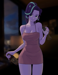 Size: 1058x1374 | Tagged: safe, artist:bushbuck93, starlight glimmer, equestria girls, g4, alcohol, beer, breasts, cleavage, clothes, dress, female, glass, looking at you, night, smiling, solo