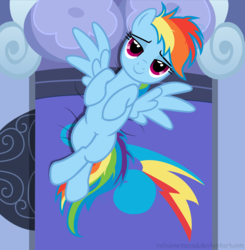 Size: 2020x2061 | Tagged: safe, artist:rainbowmaned, rainbow dash, pegasus, pony, g4, bed, bedroom, bedroom eyes, belly button, cute, dashabetes, female, high res, mare, messy mane, messy tail, morning ponies, rainbow dash's bedroom, rainbow dash's house, show accurate, smiling, solo, spread wings, wings