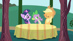 Size: 1280x720 | Tagged: safe, screencap, applejack, spike, twilight sparkle, dragon, earth pony, pony, unicorn, friendship is magic, g4, my little pony: friendship is magic, eyes closed, female, mare, table, unicorn twilight