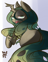 Size: 700x900 | Tagged: safe, artist:tohupo, queen chrysalis, changeling, g4, female, lidded eyes, long hair, looking at you, looking back, looking back at you, open mouth, simple background, slit pupils, solo, tongue out